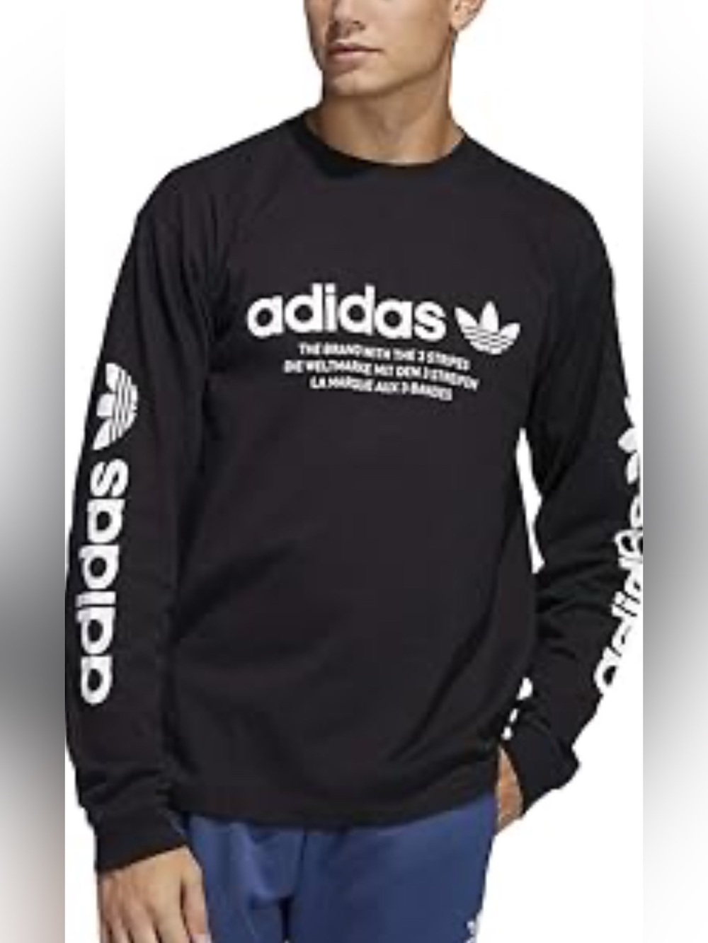 adidas Mens Black Long Sleeve Crew Neck Graphic Shirt Size-Medium Hype Casual
